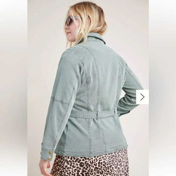 Anthropologie Plus 3X Everyday Belted Moto Jacket Light Green Lined Zip & Button - Picture 3 of 16